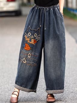 Amax luluE Brand Autumn Fashion Jeans Womens Vintage Loose Embroidery Denim Pants Ladies Casual Classic Cartoon Elastic Trousers