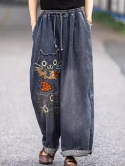 Amax luluE Brand Autumn Fashion Jeans Womens Vintage Loose Embroidery Denim Pants Ladies Casual Classic Cartoon Elastic Trousers