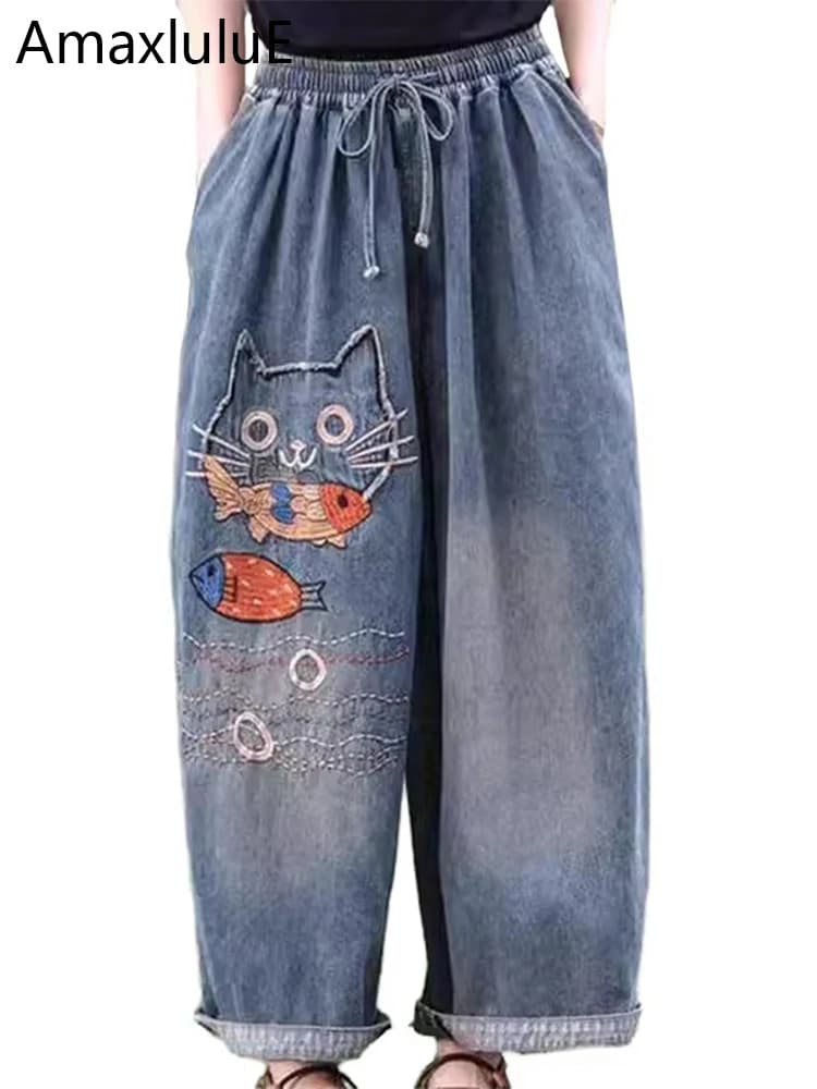 Amax luluE Brand Autumn Fashion Jeans Womens Vintage Loose Embroidery Denim Pants Ladies Casual Classic Cartoon Elastic Trousers