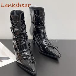 Pointed Toe Cross Tied Women Boots Mid Calf Fashion Solid Thin Heel Patent Leather Niche Design Autumn Women Shoes New Arrivals