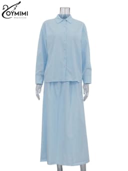 Oymimi Fashion Blue Cotton Two Piece Set For Women Elegant Lapel Long Sleeve Shirts And High Waisted Button Skirts Female Sets