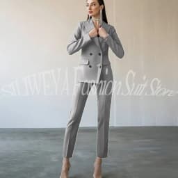 Fashion Chic Burgundy Red Purple Women Suit Double Breasted 2 Piece Jacket Pants Blazer Set Slim Fit Office Lady Female Clothing