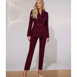Fashion Chic Burgundy Red Purple Women Suit Double Breasted 2 Piece Jacket Pants Blazer Set Slim Fit Office Lady Female Clothing