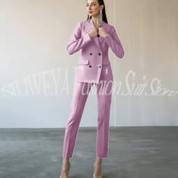 Fashion Chic Burgundy Red Purple Women Suit Double Breasted 2 Piece Jacket Pants Blazer Set Slim Fit Office Lady Female Clothing