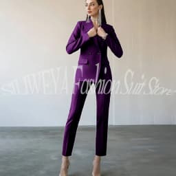 Fashion Chic Burgundy Red Purple Women Suit Double Breasted 2 Piece Jacket Pants Blazer Set Slim Fit Office Lady Female Clothing