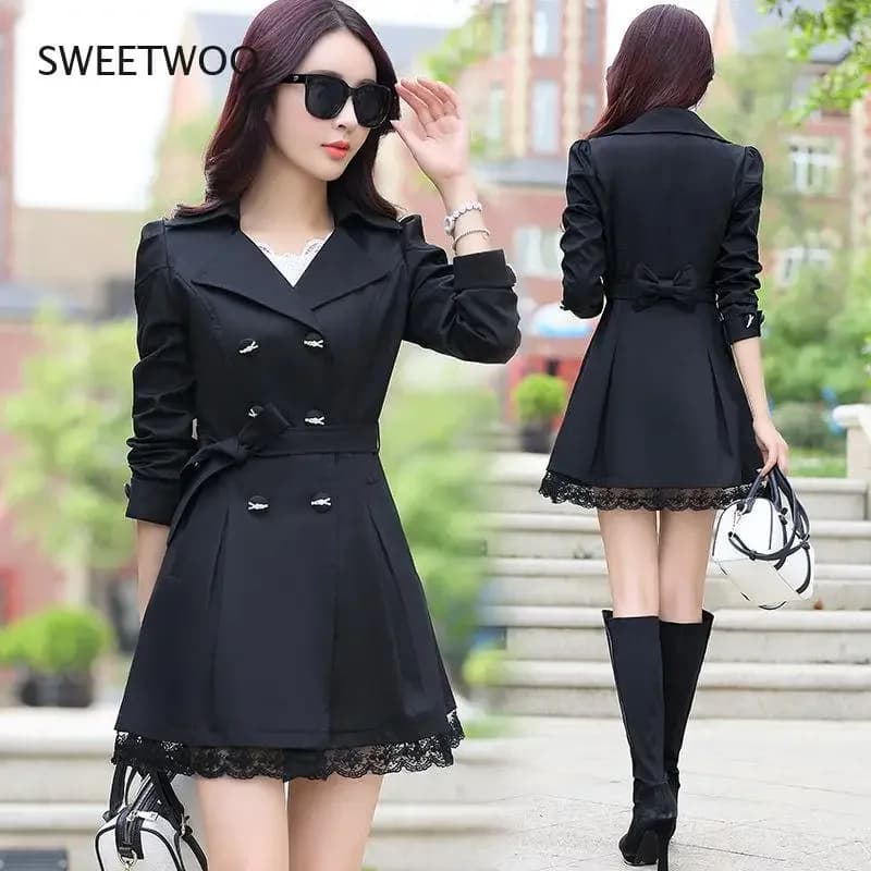 2024 Spring Trench Coat for Women Streetwear Turn-Down Collar Double Breasted Black Coats Female 3Xl Women Clothes