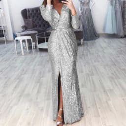 Elegant Women V Neck Long Sleeve Party Long Dress Autumn Winter Fashion Sequin Waist Sexy High Split Casual Slim Maxi Dresses