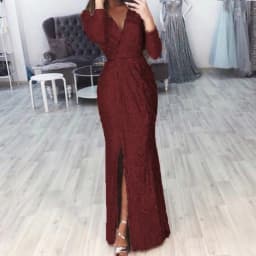 Elegant Women V Neck Long Sleeve Party Long Dress Autumn Winter Fashion Sequin Waist Sexy High Split Casual Slim Maxi Dresses