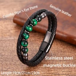 Fashione Mens Jewelry Charm Round Stone Bracelet For Men Colourful Tiger Eye Beads Black Leather Rope Chain Bangles Homme Gifts