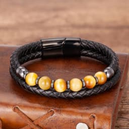 Fashione Mens Jewelry Charm Round Stone Bracelet For Men Colourful Tiger Eye Beads Black Leather Rope Chain Bangles Homme Gifts