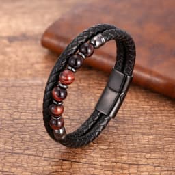 Fashione Mens Jewelry Charm Round Stone Bracelet For Men Colourful Tiger Eye Beads Black Leather Rope Chain Bangles Homme Gifts