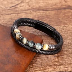 Fashione Mens Jewelry Charm Round Stone Bracelet For Men Colourful Tiger Eye Beads Black Leather Rope Chain Bangles Homme Gifts
