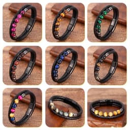 Fashione Mens Jewelry Charm Round Stone Bracelet For Men Colourful Tiger Eye Beads Black Leather Rope Chain Bangles Homme Gifts
