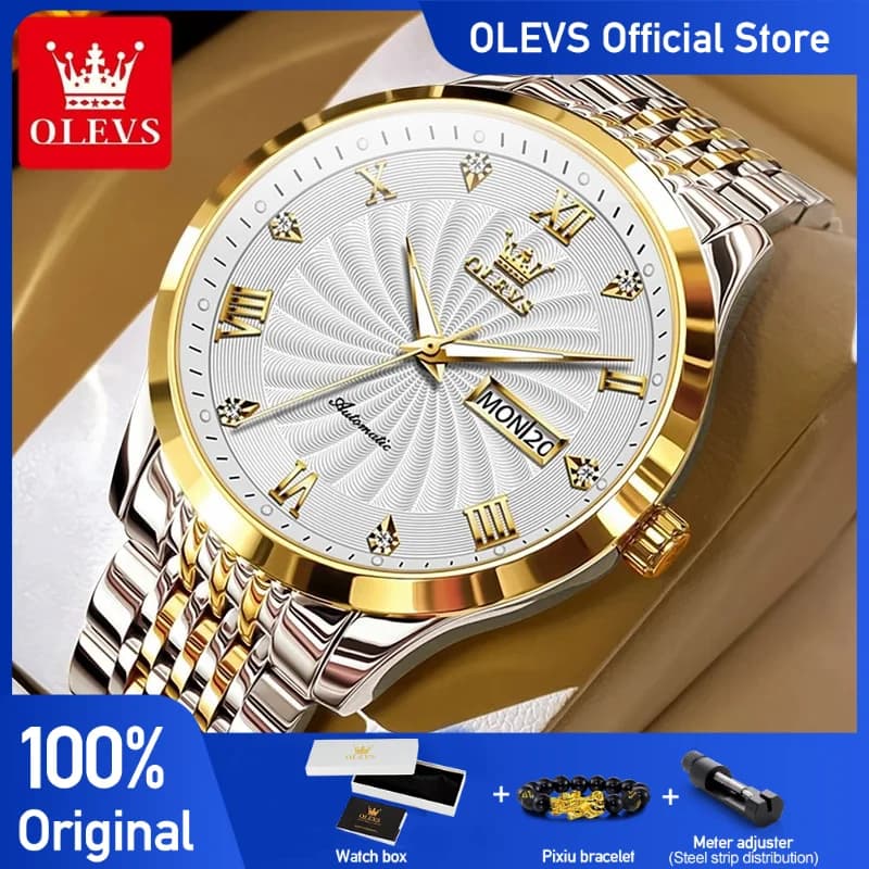 OLEVS Top Brand Automatic Mechanical Men Watch Threaded Dial Waterproof Stainless Steel Strap Classic Men's Watches Luxury