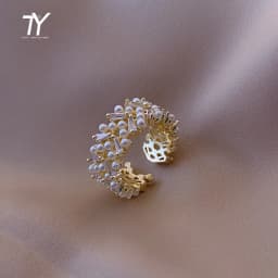 High Quality Pearl Zircon Gold Color Rings For Woman 2025 New Fashion Korean Jewelry Luxury Party Adjustable Unusual Girl's Ring