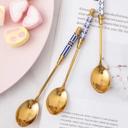 Stainless Steel Dessert Spoon Ceramic Long Handle Icecream Spoon Teaspoon Gold Coffee Cake Fruit Milk Spoon Kitchen Tableware