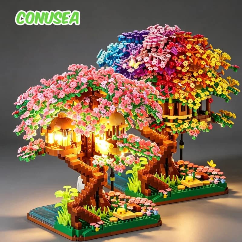 Mini Sakura Tree Building Blocks Set Diy Cherry Blossom Bricks with Light Treehouse Model Ornament Romantic Gift for Girlfriend