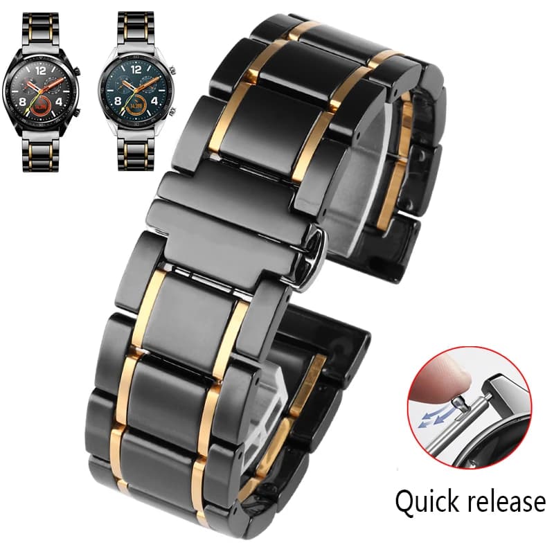 20mm 22mm luxury ceramic and stainless steel black gold strap for Samsung s2 3 4 Huawei GT watch strap bracelet wristband belt