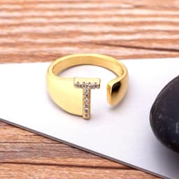 Fashion Chunky Wide Hollow A-Z Letter Gold Color Adjustable Opening Ring Initials Name Alphabet Female Party Wedding Jewelry