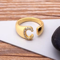 Fashion Chunky Wide Hollow A-Z Letter Gold Color Adjustable Opening Ring Initials Name Alphabet Female Party Wedding Jewelry