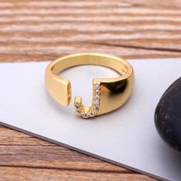 Fashion Chunky Wide Hollow A-Z Letter Gold Color Adjustable Opening Ring Initials Name Alphabet Female Party Wedding Jewelry