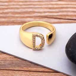 Fashion Chunky Wide Hollow A-Z Letter Gold Color Adjustable Opening Ring Initials Name Alphabet Female Party Wedding Jewelry