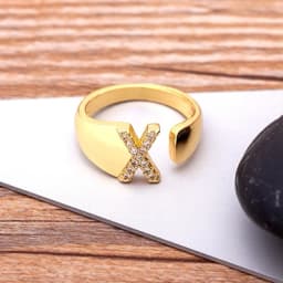 Fashion Chunky Wide Hollow A-Z Letter Gold Color Adjustable Opening Ring Initials Name Alphabet Female Party Wedding Jewelry