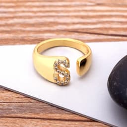 Fashion Chunky Wide Hollow A-Z Letter Gold Color Adjustable Opening Ring Initials Name Alphabet Female Party Wedding Jewelry