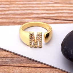 Fashion Chunky Wide Hollow A-Z Letter Gold Color Adjustable Opening Ring Initials Name Alphabet Female Party Wedding Jewelry
