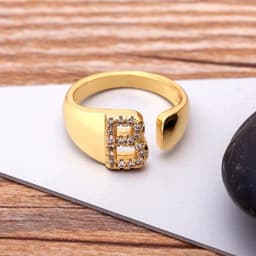 Fashion Chunky Wide Hollow A-Z Letter Gold Color Adjustable Opening Ring Initials Name Alphabet Female Party Wedding Jewelry