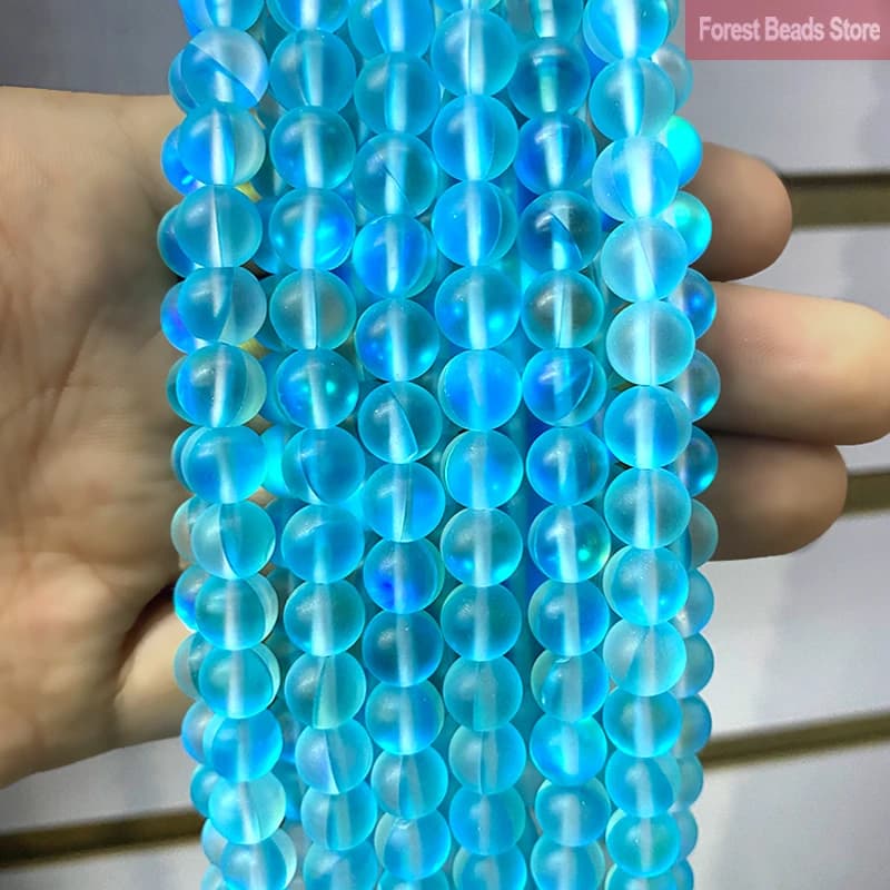 Matte Lake Blue Glitter Moon Stone Round Beads Austria Crystal for Jewelry Making DIY Bracelet Necklace 15" Strand 6 8 10 12MM