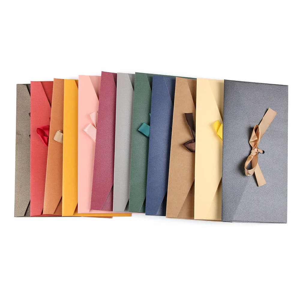 10Pcs/Set Creative Bow Envelope Retro Greeting Card Bags Multicolor Pearlescent Paper Envelop Ribbon Mailer For Wedding Invited