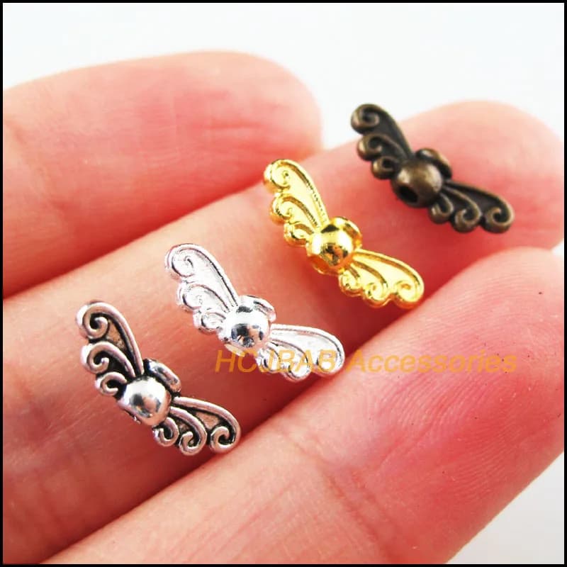 80Pcs Retro Tibetan Silver Bronze Tone Gold Silver Color Animal Wings Spacer Beads Charms 4.5x14mm
