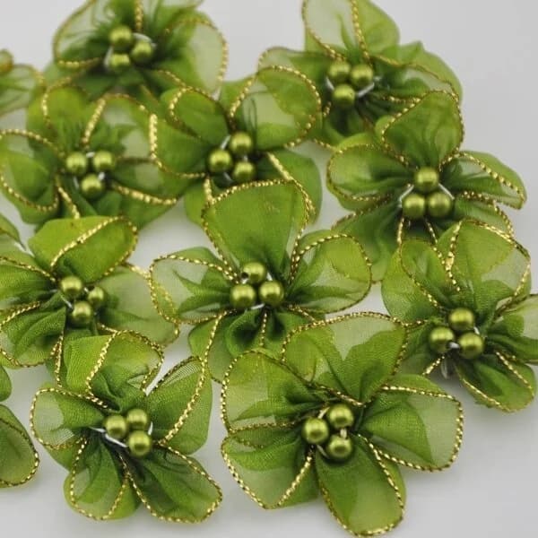 10Pcs 30mm Pick Organza Ribbon Flowers Bows Beads Appliques Wedding Craft DIY Christmas Decoration