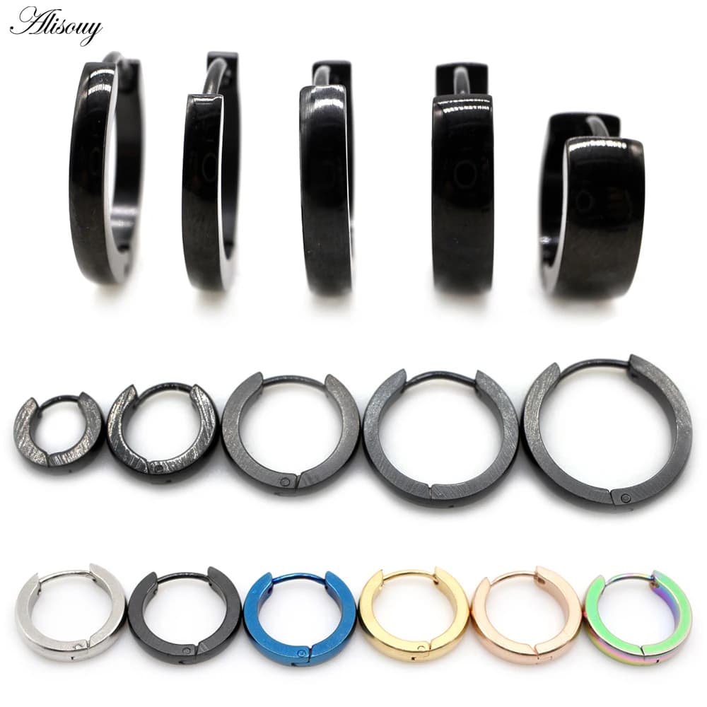 Alisouy 2pcs Small Hoop Earrings Women Men Circle Round Clip Earrings High Polish Stainless Steel Ear Piercing Bijoux Jewelry