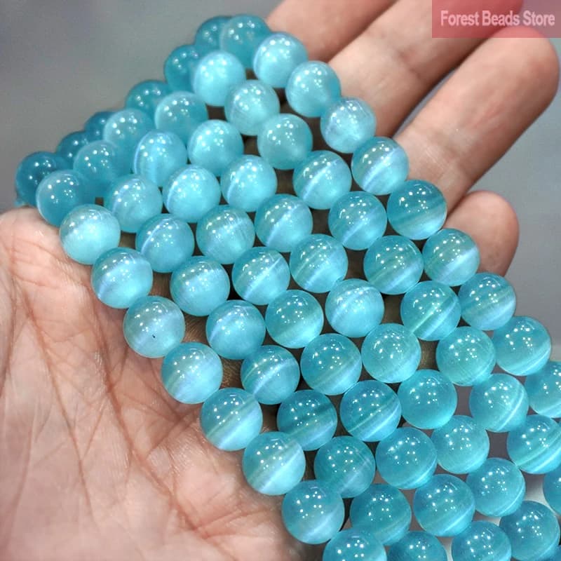 Smooth Light Blue AAA Cat Eye Beads High Quality Opal Stone Round Loose Beads DIY Bracelet For Jewelry Making 15" Inch 6/8/10MM