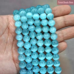 Smooth Light Blue AAA Cat Eye Beads High Quality Opal Stone Round Loose Beads DIY Bracelet For Jewelry Making 15" Inch 6/8/10MM