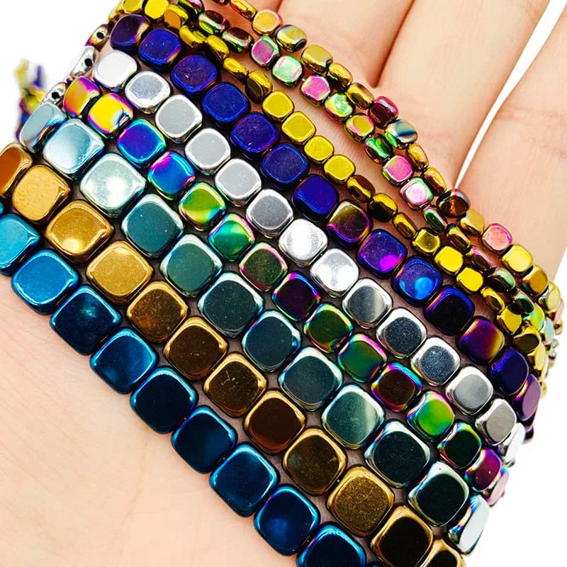 BTFBES 4/6/8mm Natural Hematite Stone Gold Color Purple Green Flat Square Loose Beads For Jewelry Charms Making DIY Accessories