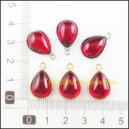 10Pcs Tibetan Silver Tone & Gold Color Teardrop Flower Red Glaze Charms Pendants 13x19.5mm