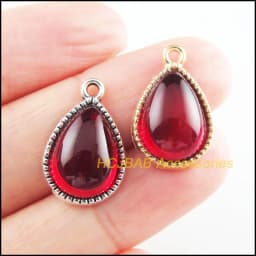 10Pcs Tibetan Silver Tone & Gold Color Teardrop Flower Red Glaze Charms Pendants 13x19.5mm