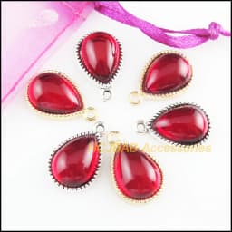 10Pcs Tibetan Silver Tone & Gold Color Teardrop Flower Red Glaze Charms Pendants 13x19.5mm