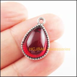10Pcs Tibetan Silver Tone & Gold Color Teardrop Flower Red Glaze Charms Pendants 13x19.5mm