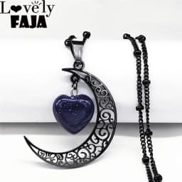 Black Color Stainless Steel Natural Stone Charm Necklace Women Moon Heart Necklace Valentines Jewelry Acero Inoxidable Joyeria