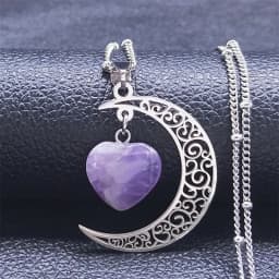 Black Color Stainless Steel Natural Stone Charm Necklace Women Moon Heart Necklace Valentines Jewelry Acero Inoxidable Joyeria