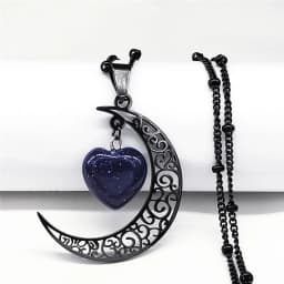 Black Color Stainless Steel Natural Stone Charm Necklace Women Moon Heart Necklace Valentines Jewelry Acero Inoxidable Joyeria