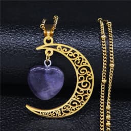 Black Color Stainless Steel Natural Stone Charm Necklace Women Moon Heart Necklace Valentines Jewelry Acero Inoxidable Joyeria