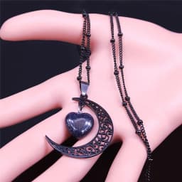 Black Color Stainless Steel Natural Stone Charm Necklace Women Moon Heart Necklace Valentines Jewelry Acero Inoxidable Joyeria