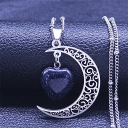 Black Color Stainless Steel Natural Stone Charm Necklace Women Moon Heart Necklace Valentines Jewelry Acero Inoxidable Joyeria