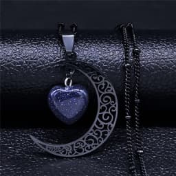 Black Color Stainless Steel Natural Stone Charm Necklace Women Moon Heart Necklace Valentines Jewelry Acero Inoxidable Joyeria