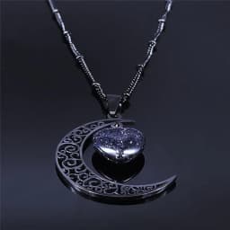 Black Color Stainless Steel Natural Stone Charm Necklace Women Moon Heart Necklace Valentines Jewelry Acero Inoxidable Joyeria